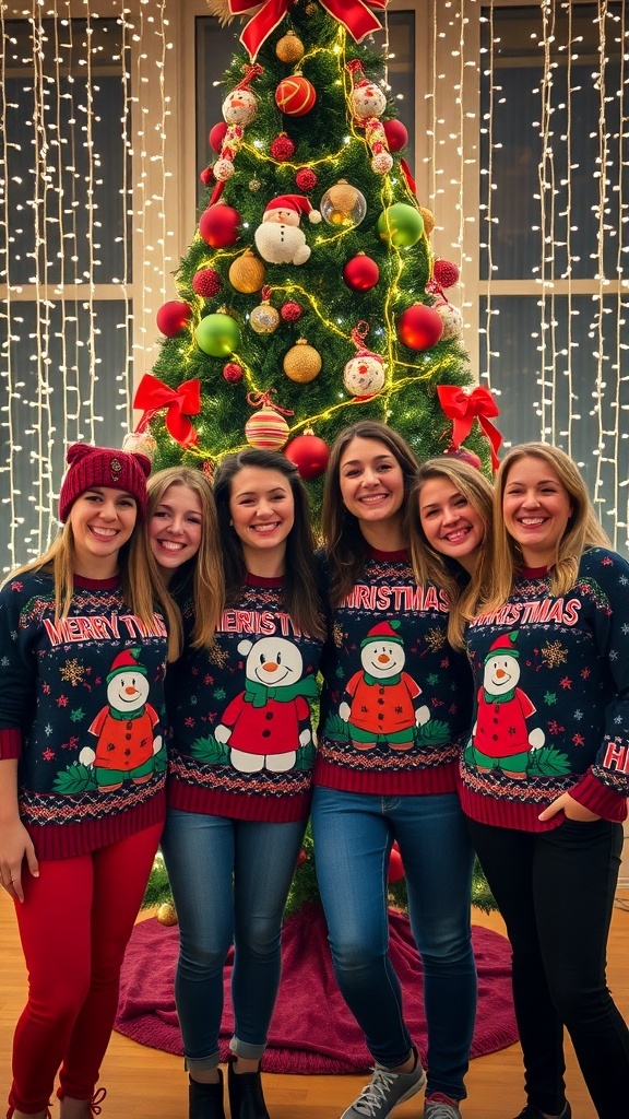 A group of friends in matching Christmas sweaters by a decorated tree, celebrating the holiday season.